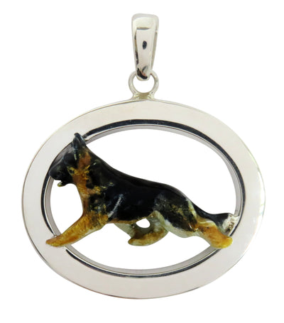 German Shepherd Dog in Sterling Silver Oval Pendant Custom Enamel