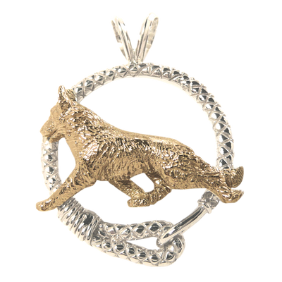German Shepherd in Solid 14K Gold and Sterling Silver Leash Pendant