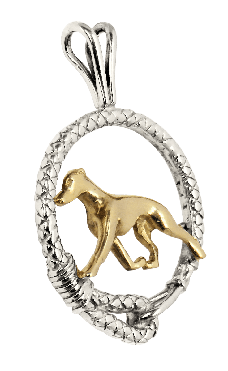 Solid 14K Gold Greyhound in Sterling Silver Leash Pendant