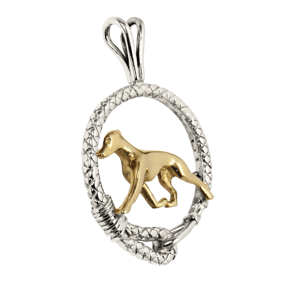 Solid 14K Gold Italian Greyhound in Sterling Silver Leash Pendant