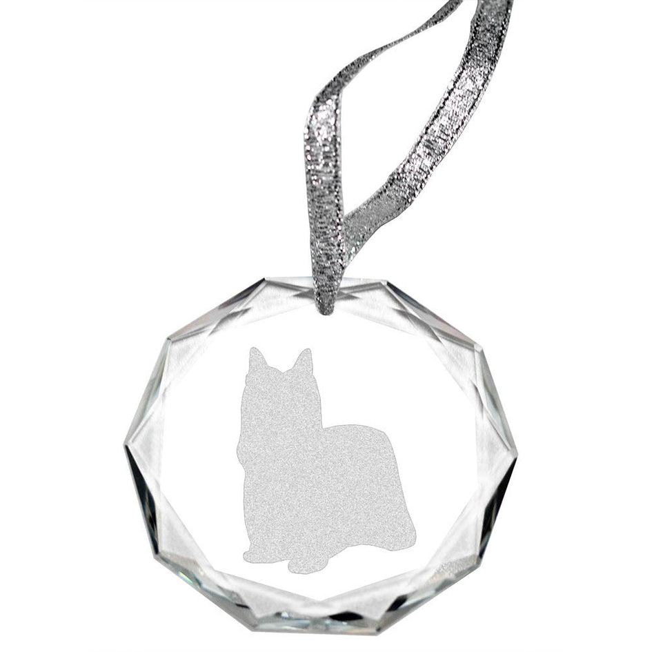 Yorkshire Terrier-Show Cut Laser Engraved Round Facet Crystal Ornament
