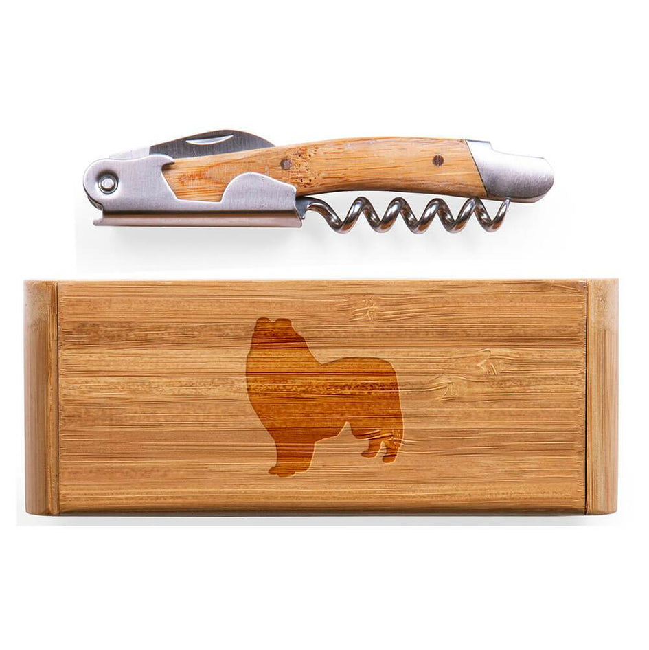 Collie Laser Engraved Bamboo Corkscrew with Case