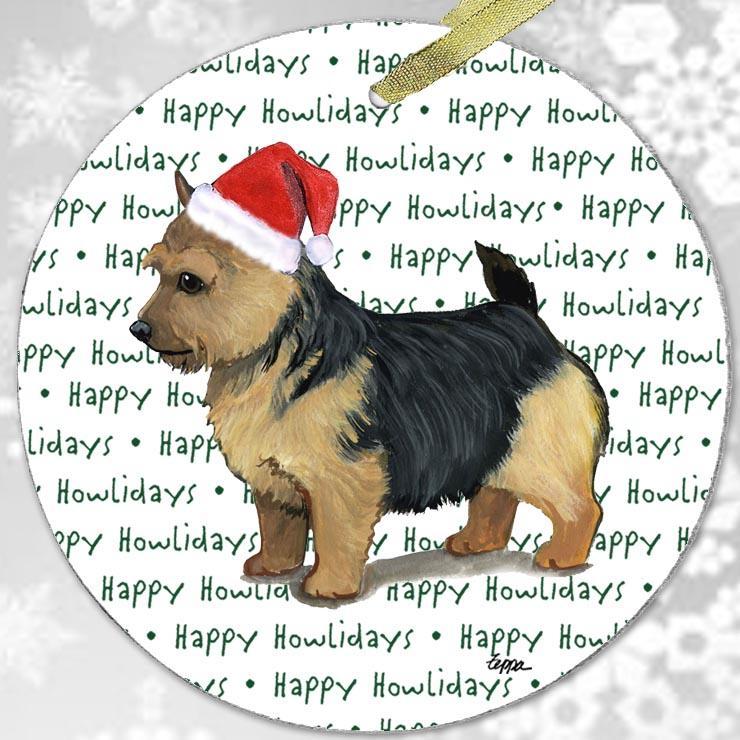 Norwich Terrier, Black Saddle "Happy Howlidays" Ornament