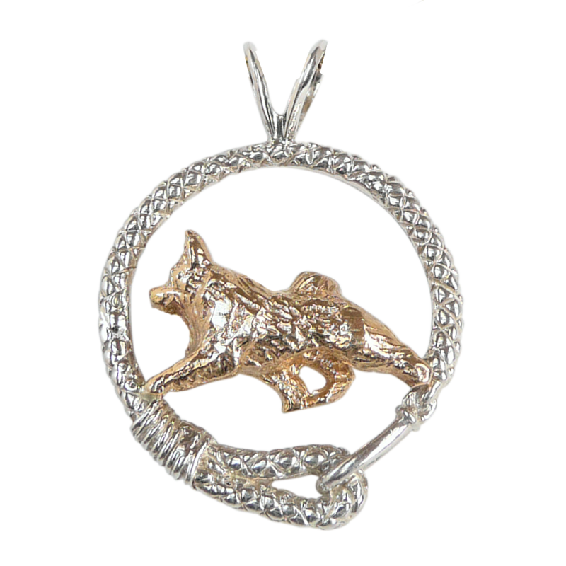 Solid 14K Gold Norwegian Elkhound in Sterling Silver Leash Pendant