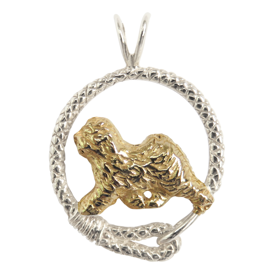 Solid 14K Gold Old English Sheepdog in Sterling Silver Leash Pendant