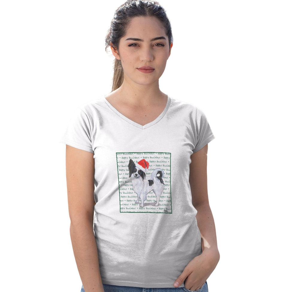 Papillon Happy Howlidays Text - Women's V-Neck T-Shirt