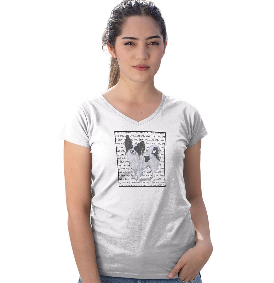Tri-Color Papillon Love Text - Women's V-Neck T-Shirt