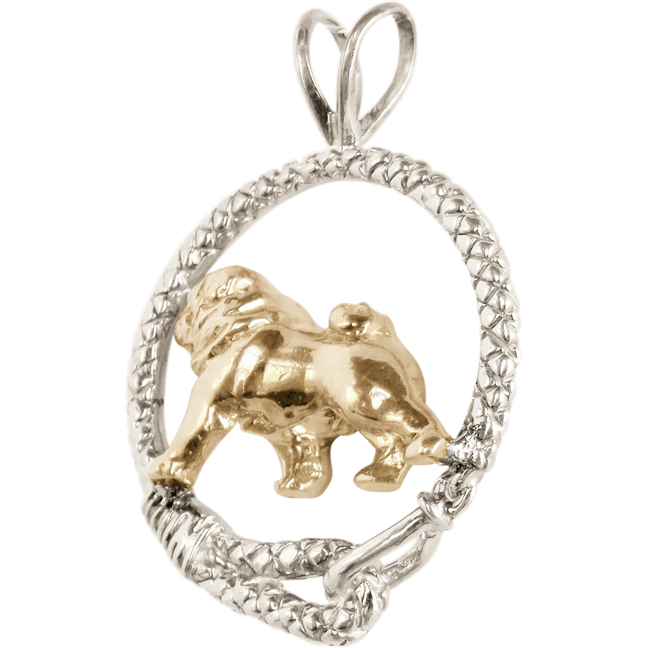 Solid 14K Gold Pug in Sterling Silver Leash Pendant