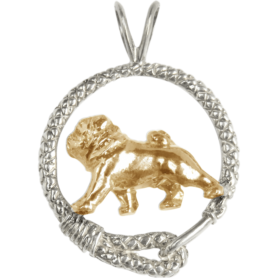 Solid 14K Gold Pug in Sterling Silver Leash Pendant