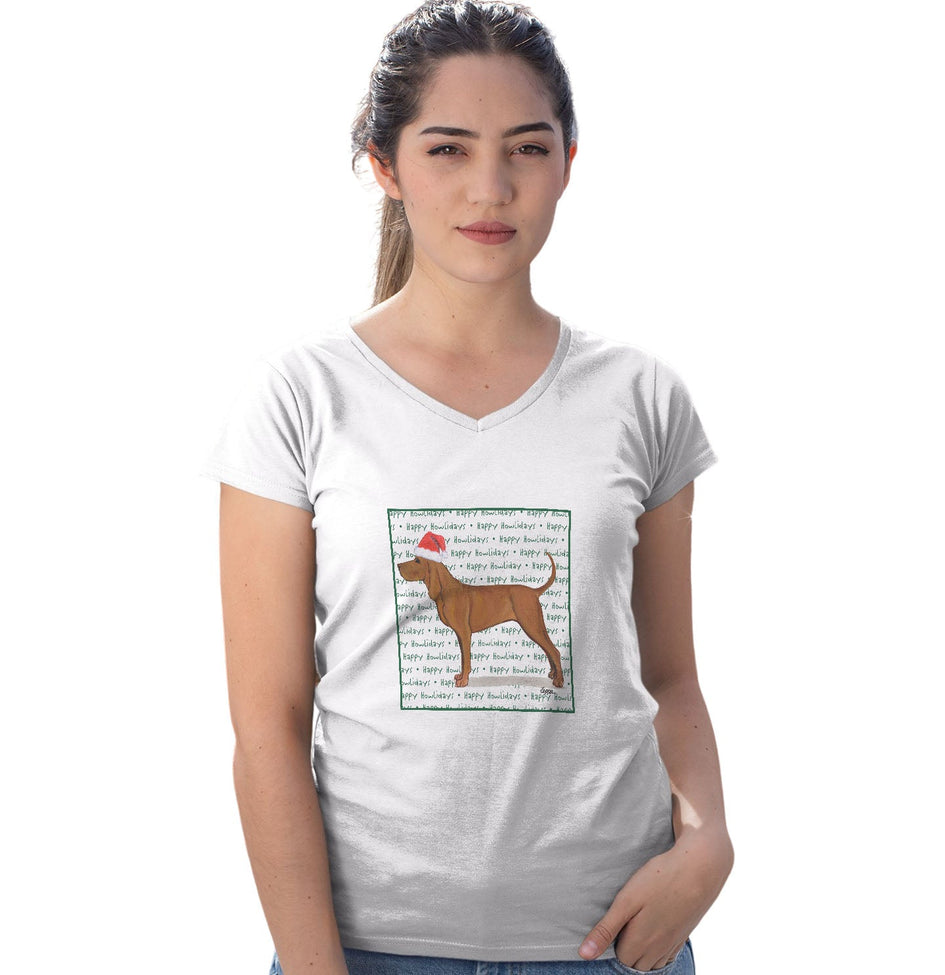 Redbone Coonhound Happy Howlidays Text - Women's V-Neck T-Shirt