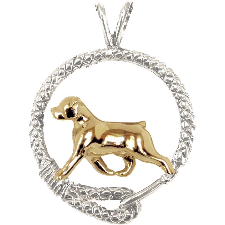 Solid 14K Gold Rottweiler in Sterling Silver Leash Pendant