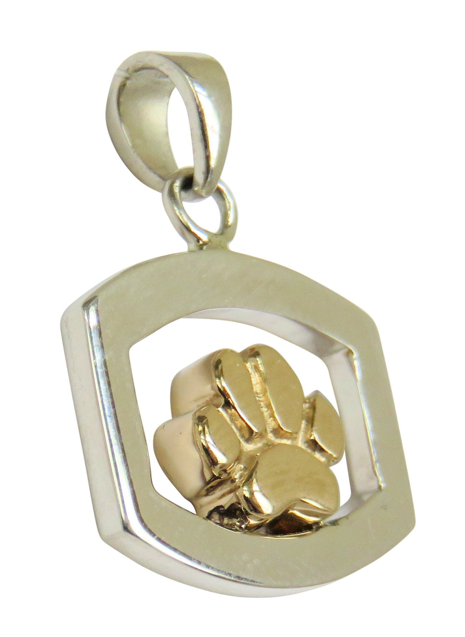 Solid 14K Gold Dog Paw in Sterling Silver Rectangle Pendant