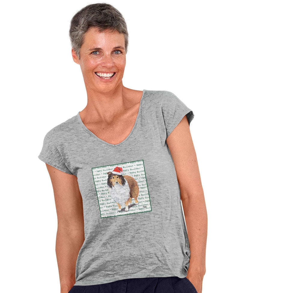 Shetland Sheepdog Happy Howlidays Text - Women's V-Neck T-Shirt