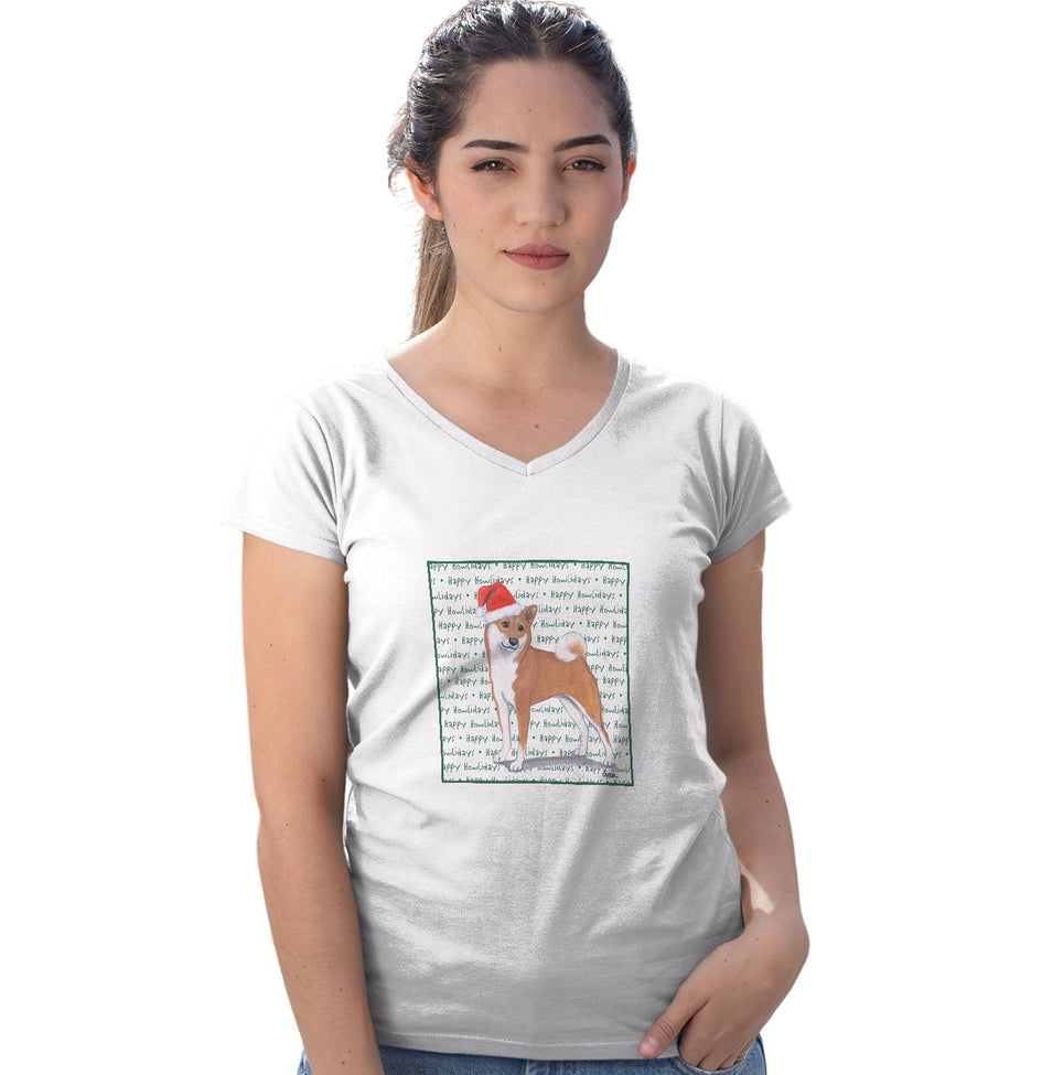 Shiba Inu Happy Howlidays Text - Women's V-Neck T-Shirt
