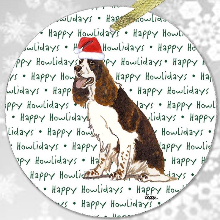 English Springer Spaniel, Liver and White "Happy Howlidays" Ornament