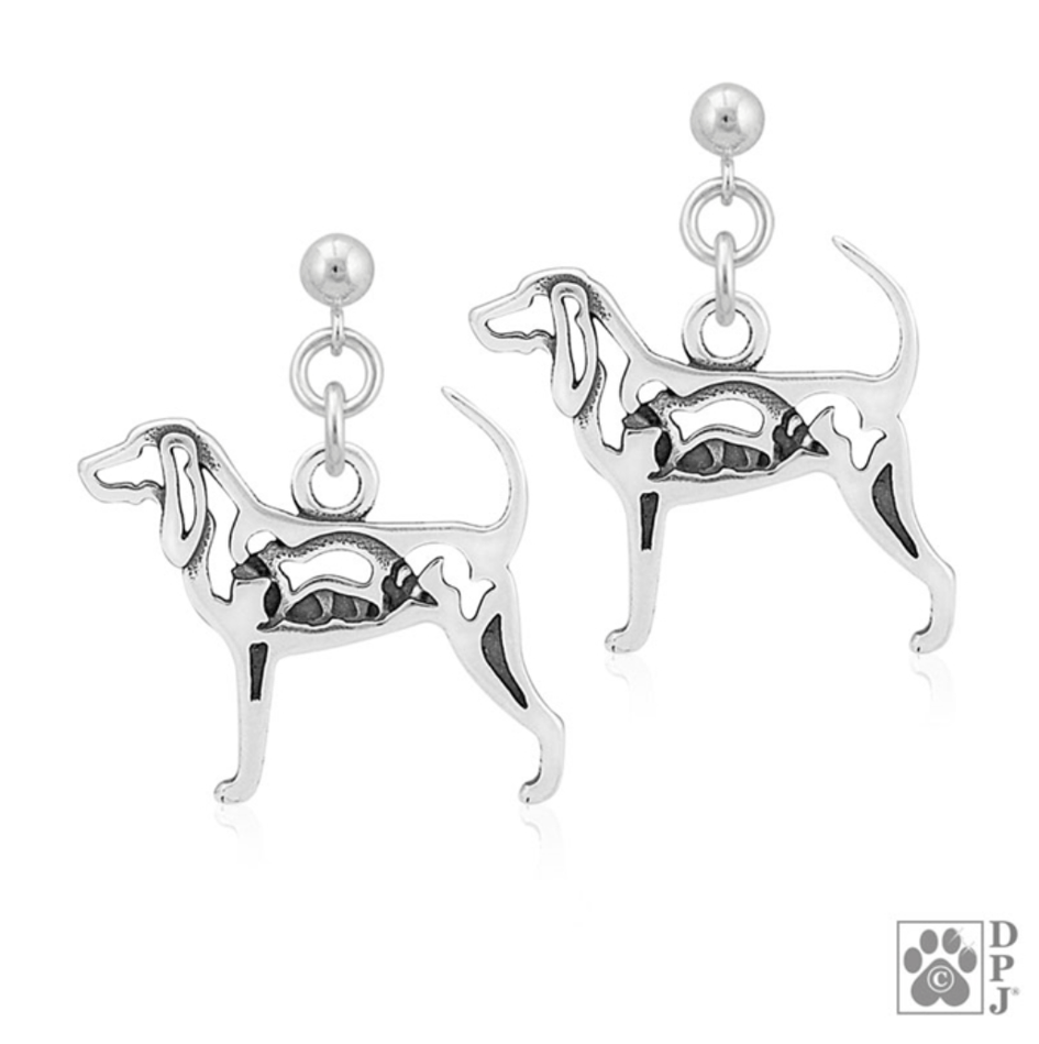Sterling Silver Black & Tan Coonhound Earrings, w/Racoon in Body
