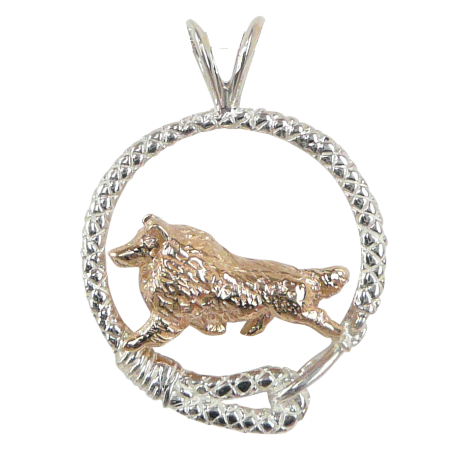Solid 14K Gold Shetland Sheepdog in Sterling Silver Leash Pendant