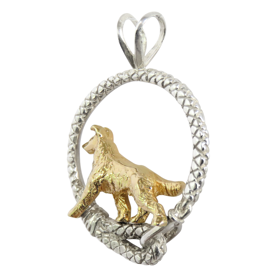 Solid 14K Gold Smooth Coat Collie in Sterling Silver Leash Pendant