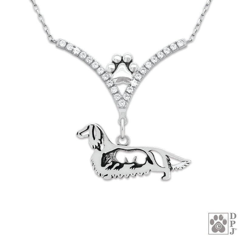 Dachshund Longhaired w/Badger VIP CZ Necklace, Body