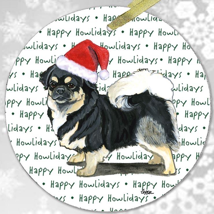 Tibetan Spaniel, Black and Tan "Happy Howlidays" Ornament