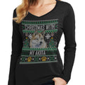 Ugly Christmas Sweater with My Akita - Women's V-Neck Long Sleeve T-Shirt