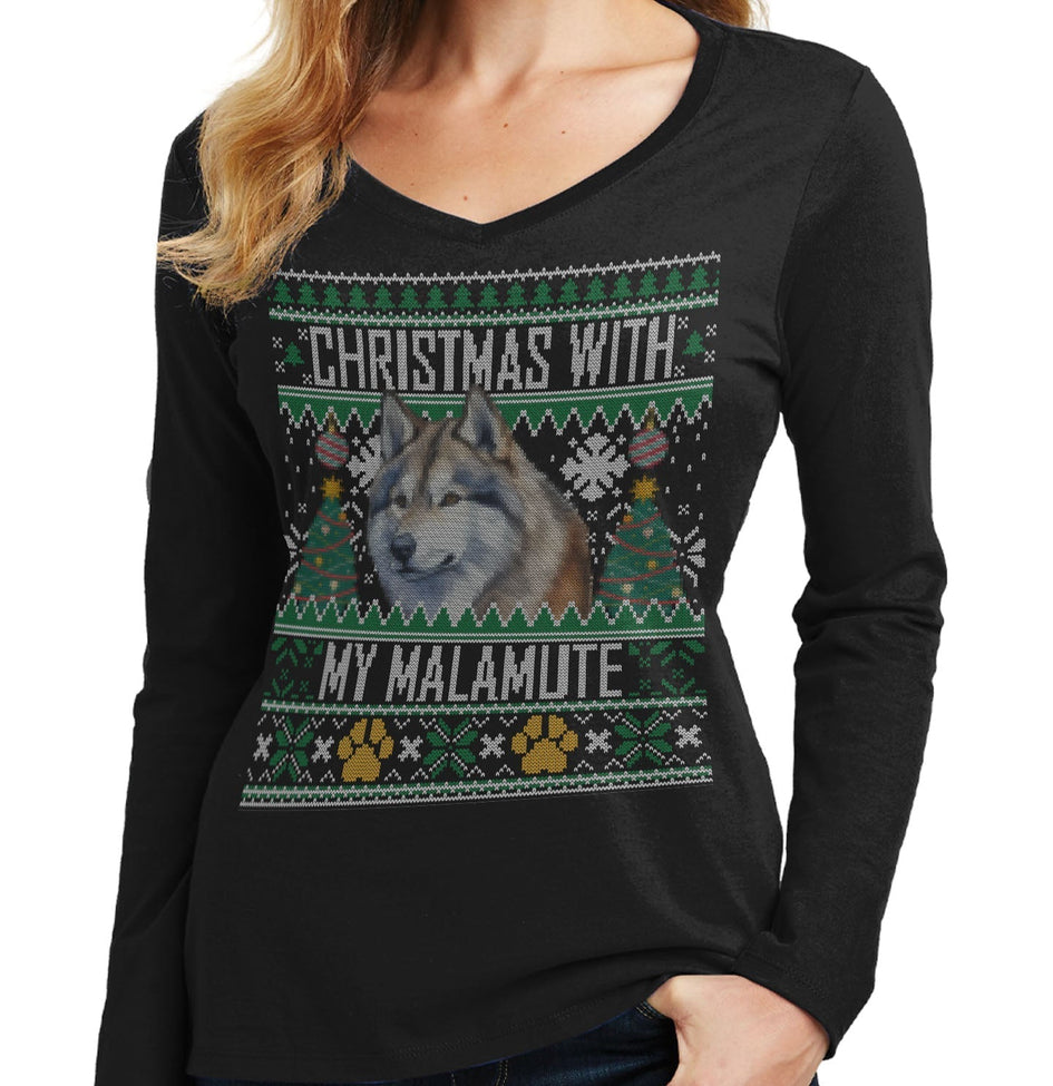 Ugly Christmas Sweater with My Alaskan Malamute - Women's V-Neck Long Sleeve T-Shirt
