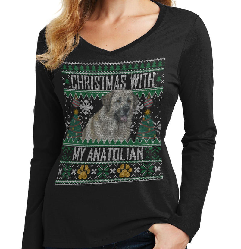 Ugly Christmas Sweater with My Anatolian Shepherd Dog - Women's V-Neck Long Sleeve T-Shirt