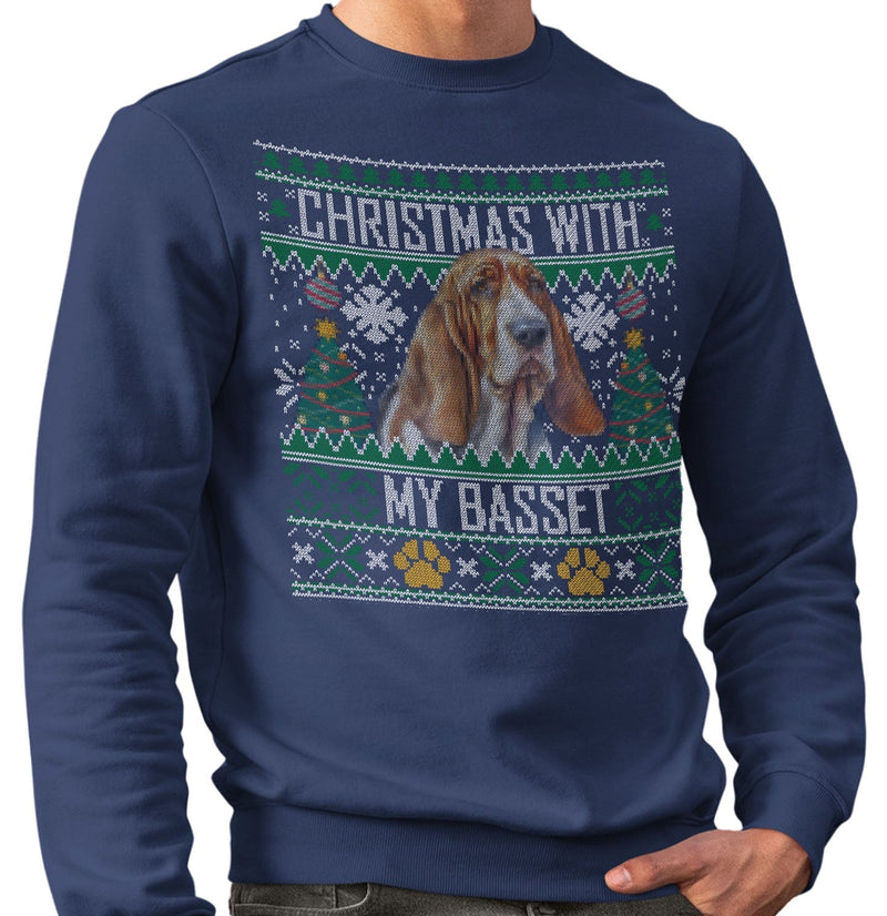 Ugly Christmas Sweater with My Basset Hound - Adult Unisex Crewneck Sweatshirt