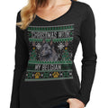 Ugly Christmas Sweater with My Belgian Sheepdog - Women's V-Neck Long Sleeve T-Shirt