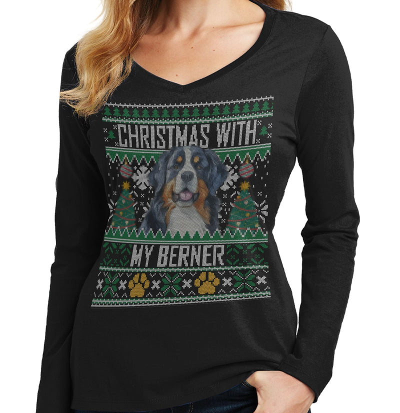 Ugly Christmas Sweater with My Bernese Mountain Dog - Women's V-Neck Long Sleeve T-Shirt
