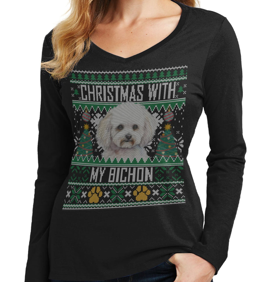 Ugly Christmas Sweater with My Bichon Frise - Women's V-Neck Long Sleeve T-Shirt