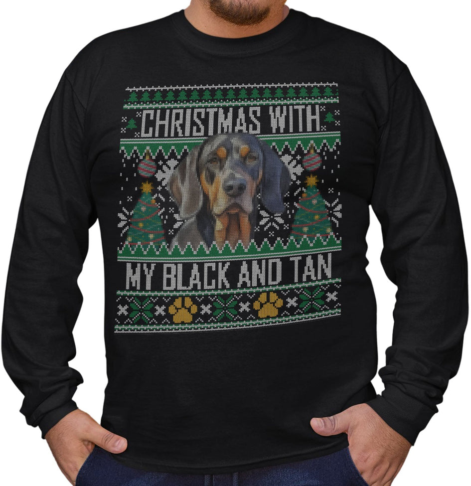 Ugly Sweater Christmas with My Black and Tan Coonhound - Adult Unisex Long Sleeve T-Shirt