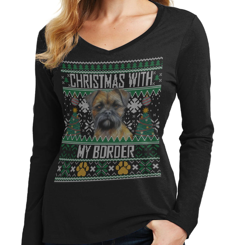 Ugly Christmas Sweater with My Border Terrier - Women's V-Neck Long Sleeve T-Shirt