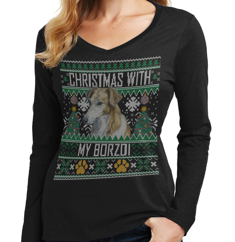 Ugly Christmas Sweater with My Borzoi - Women's V-Neck Long Sleeve T-Shirt