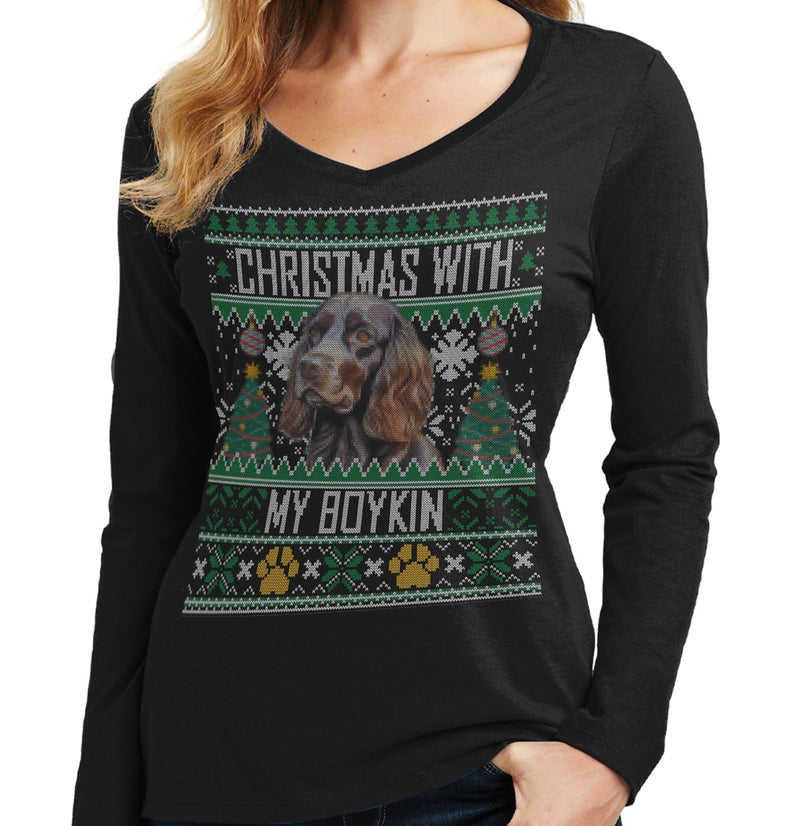 Ugly Christmas Sweater with My Boykin Spaniel - Women's V-Neck Long Sleeve T-Shirt