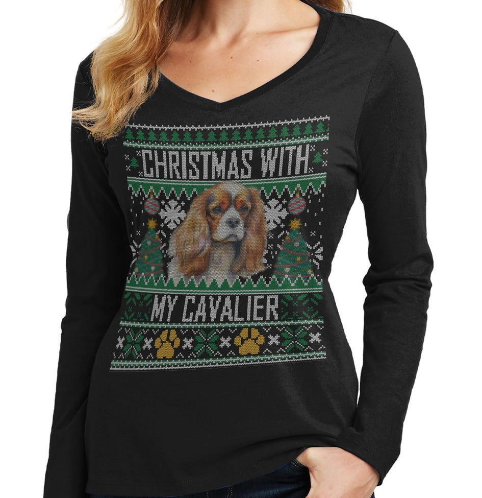 Ugly Christmas Sweater with My Cavalier King Charles Spaniel - Women's V-Neck Long Sleeve T-Shirt