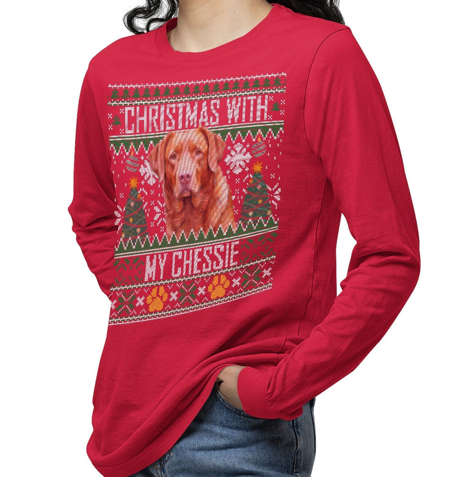 Ugly Christmas Sweater with My Chesapeake Bay Retriever - Adult Unisex Long Sleeve T-Shirt