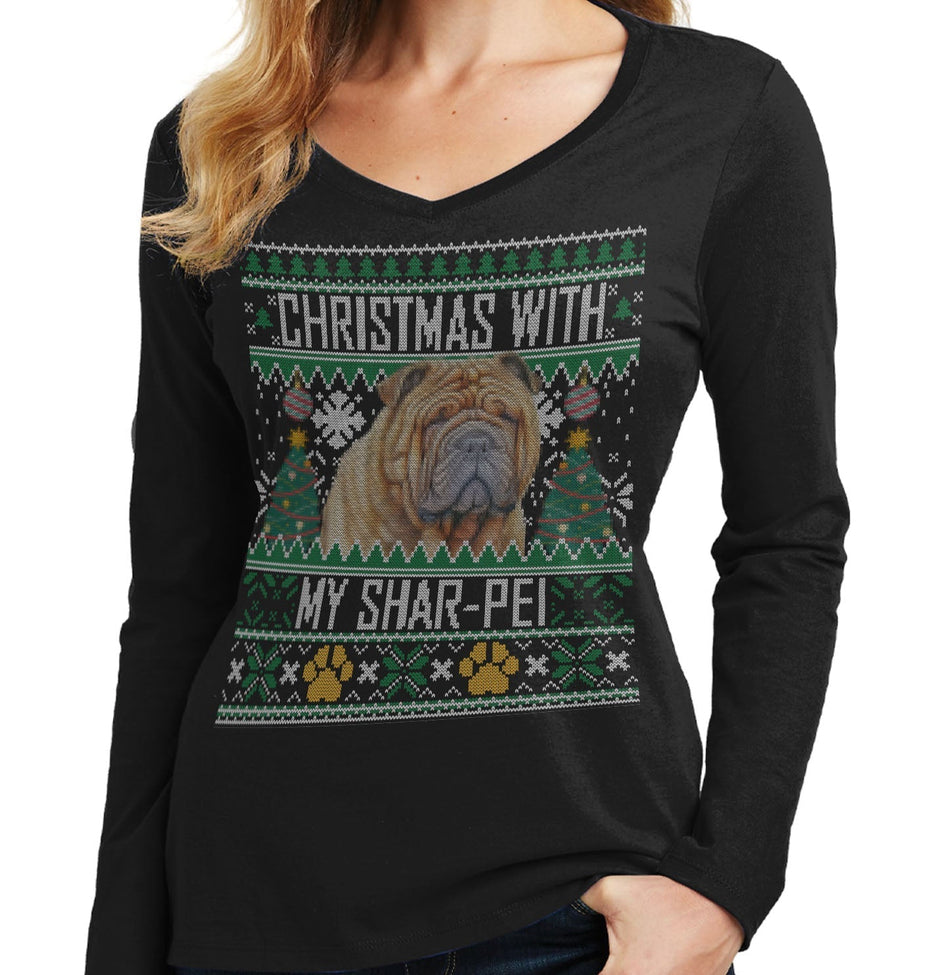 Ugly Christmas Sweater with My Chinese Shar Pei - Women's V-Neck Long Sleeve T-Shirt