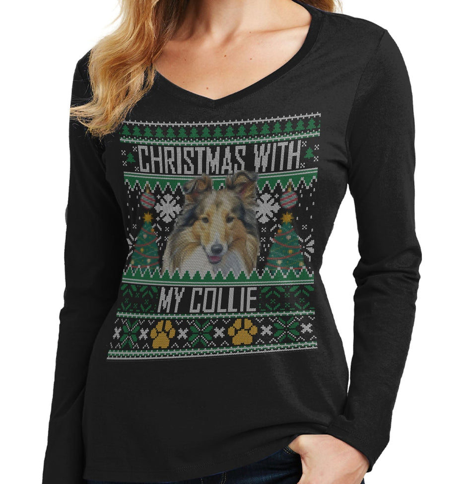 Ugly Christmas Sweater with My Collie - Women's V-Neck Long Sleeve T-Shirt