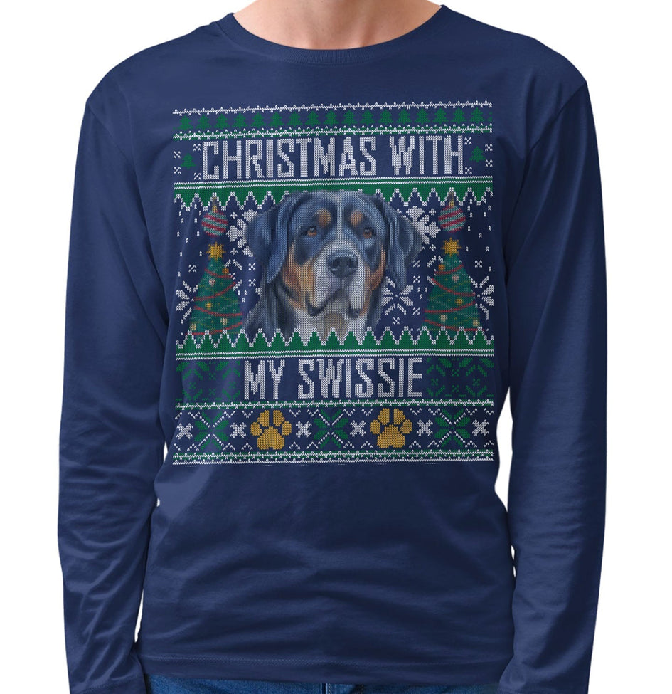 Ugly Sweater Christmas with My Greater Swiss Mountain Dog - Adult Unisex Long Sleeve T-Shirt