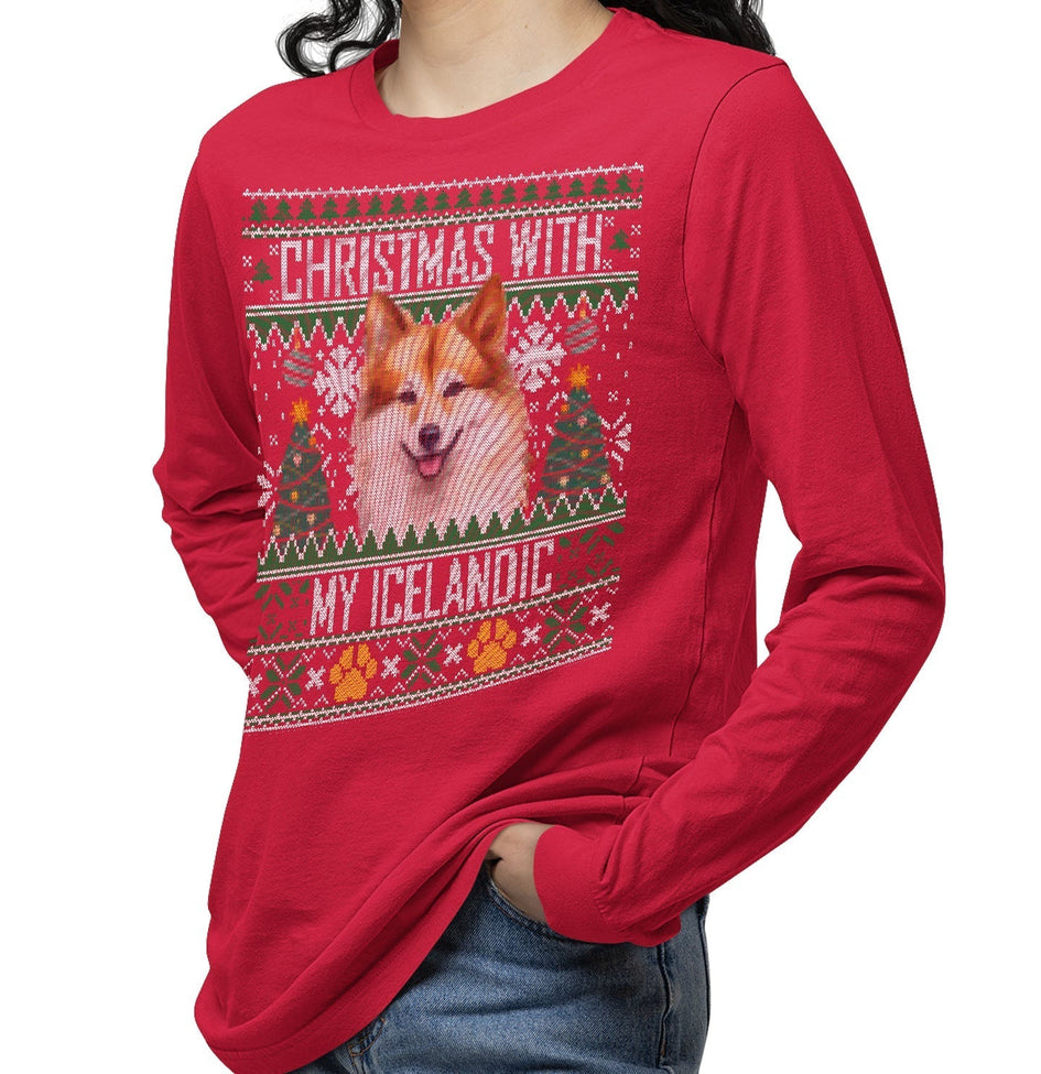 Ugly Christmas Sweater with My Icelandic Sheepdog - Adult Unisex Long Sleeve T-Shirt