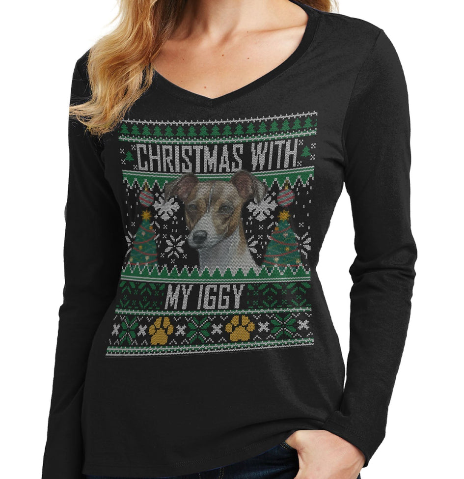 Ugly Christmas Sweater with My Italian Greyhound - Women's V-Neck Long Sleeve T-Shirt