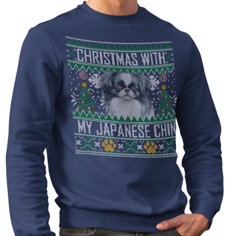 Ugly Christmas Sweater with My Japanese Chin - Adult Unisex Crewneck Sweatshirt