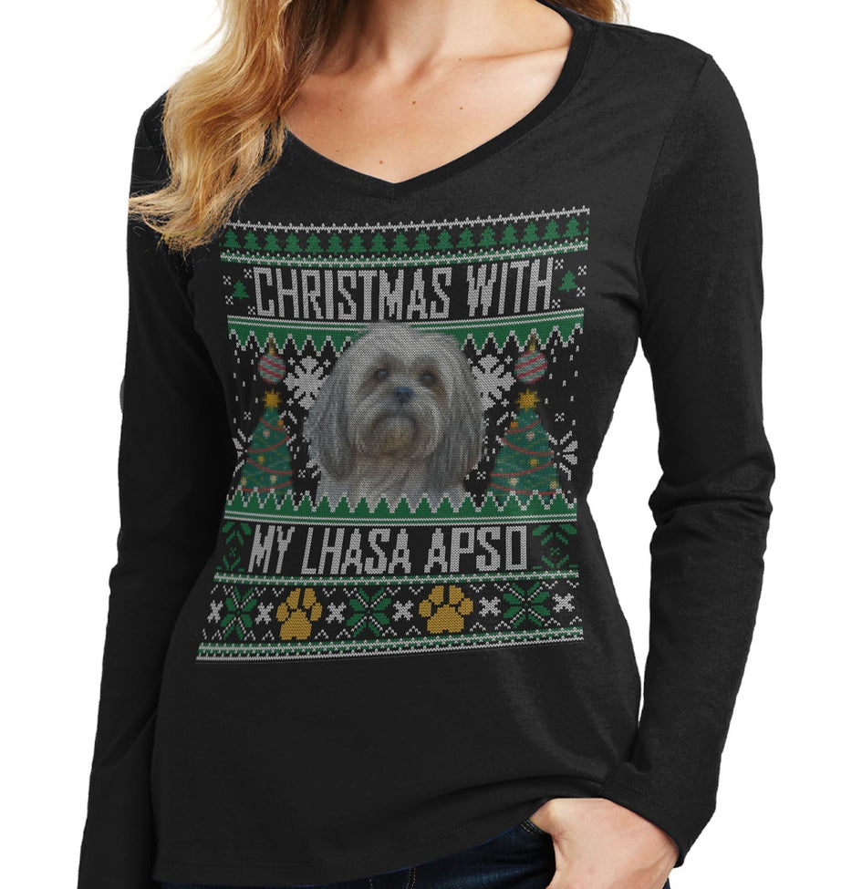 Ugly Christmas Sweater with My Lhasa Apso - Women's V-Neck Long Sleeve T-Shirt