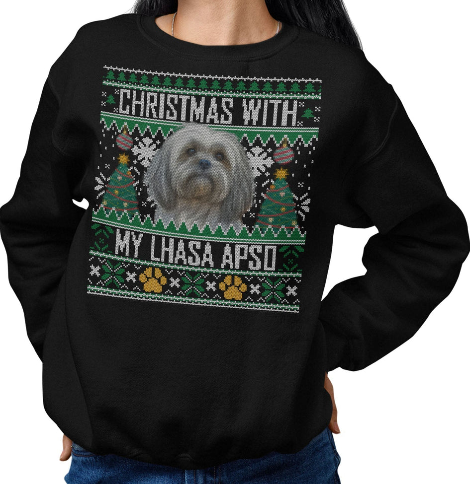 Ugly Sweater Christmas with My Lhasa Apso - Adult Unisex Crewneck Sweatshirt