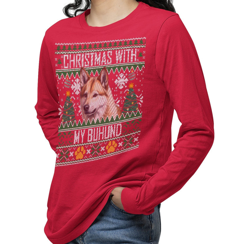Ugly Christmas Sweater with My Norwegian Buhund - Adult Unisex Long Sleeve T-Shirt