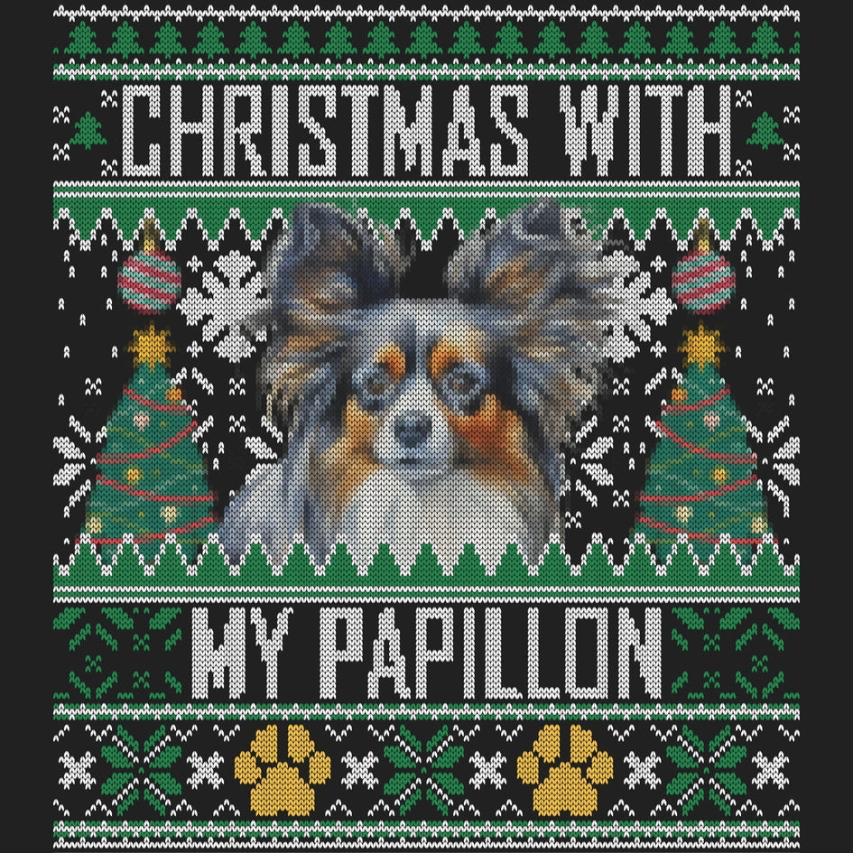 Ugly Sweater Christmas with My Papillon - Women's V-Neck Long Sleeve T-Shirt