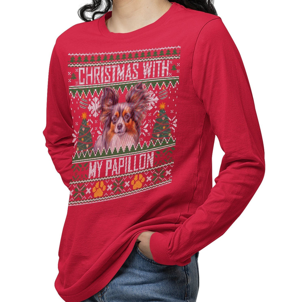 Ugly Christmas Sweater with My Papillon - Adult Unisex Long Sleeve T-Shirt