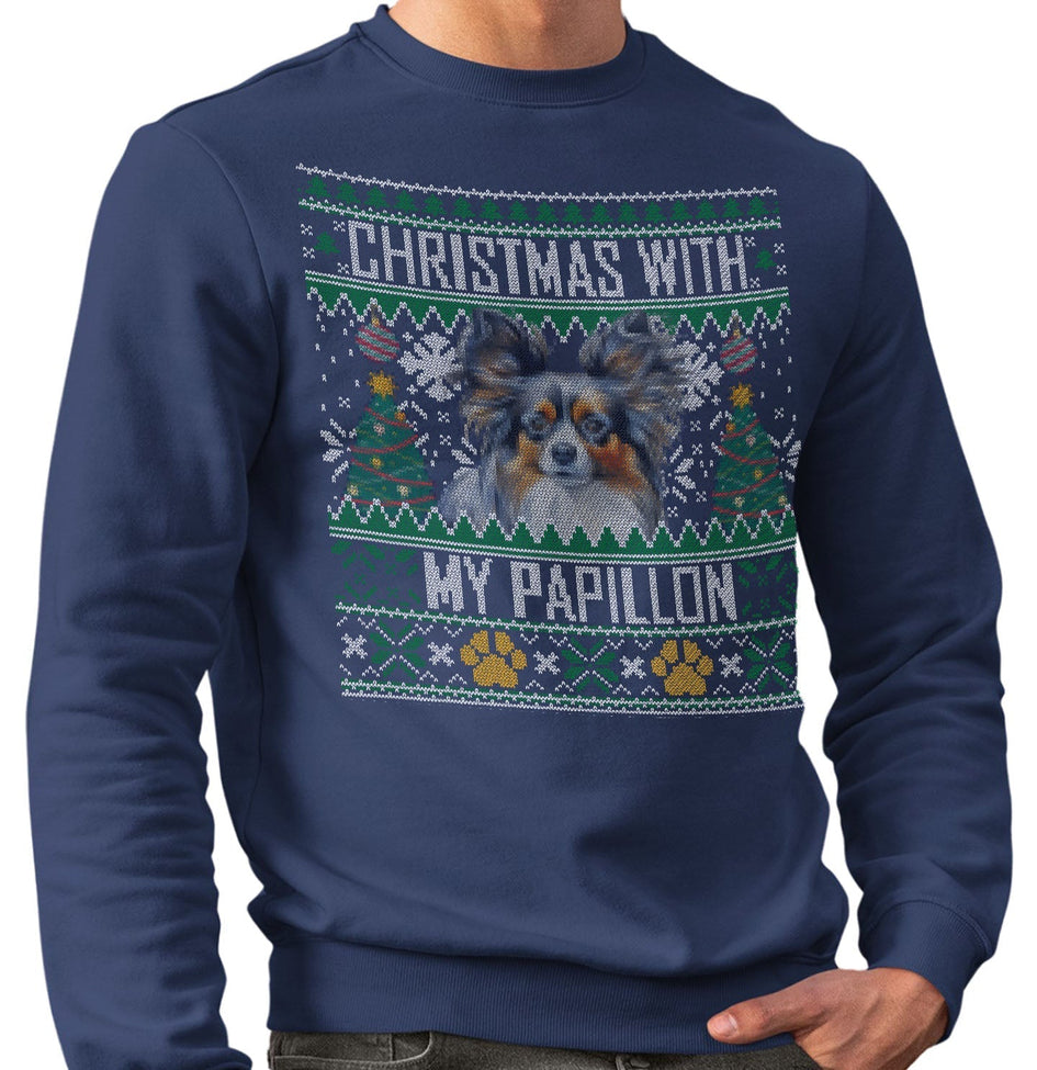 Ugly Sweater Christmas with My Papillon - Adult Unisex Crewneck Sweatshirt