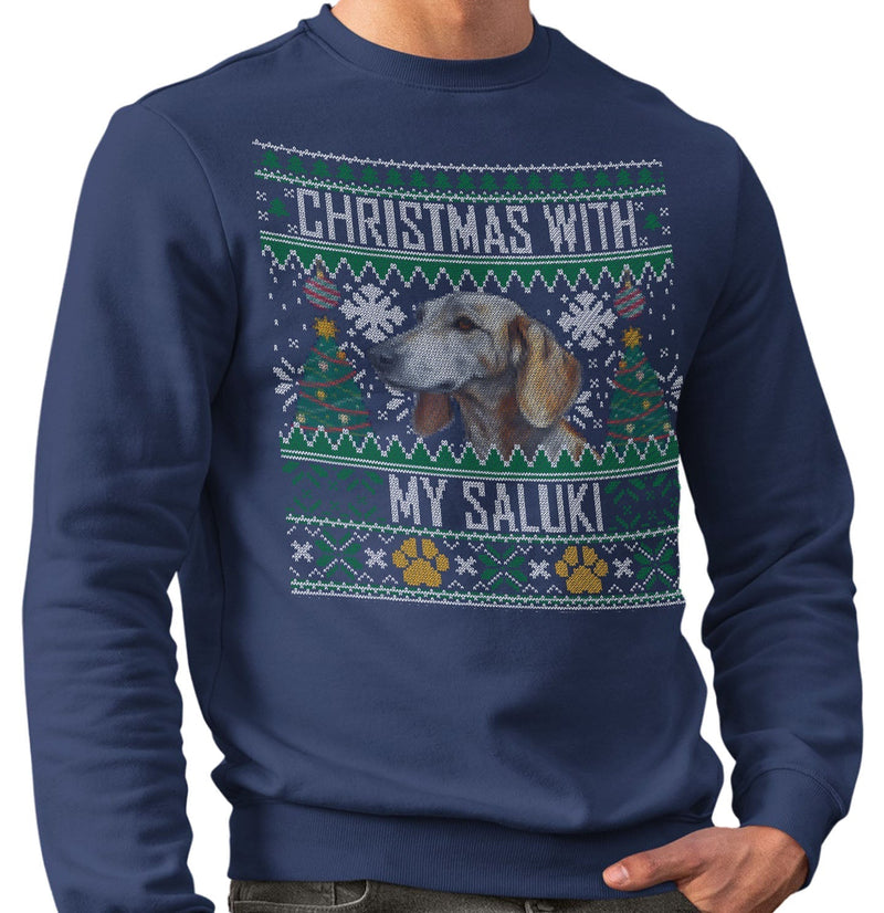 Ugly Christmas Sweater with My Saluki - Adult Unisex Crewneck Sweatshirt